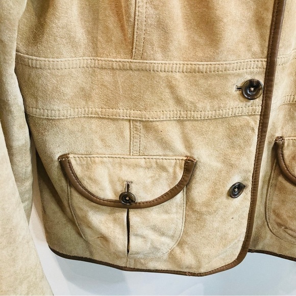 EDDIE BAUER SZ L Seattle  Suede Vintage Tan Brown Trim Pockets Back Slits Jacket - Picture 8 of 16